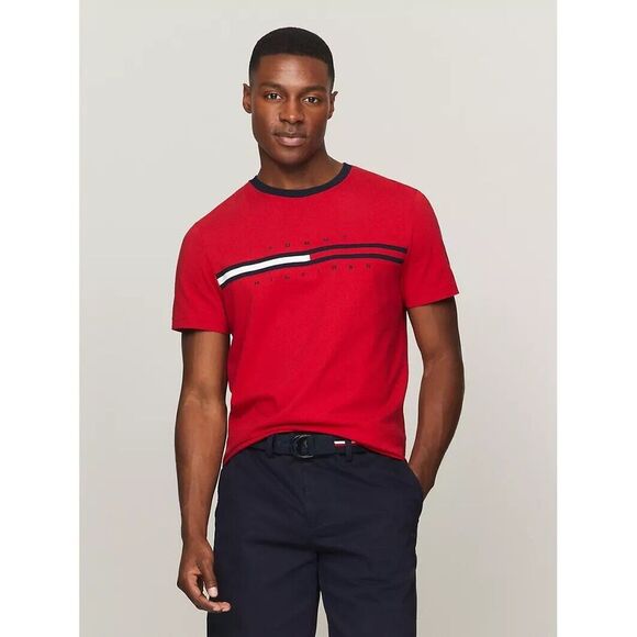 Tommy Hilfiger Short Sleeve Shirt Mens M Big Logo Red Ringer Spell Out Flag‎ - Picture 1 of 7